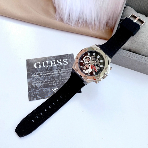 Guess Third Gear |Nam Giới |Trắng Silver |Dây Sillicone Đen |Máy Pin (Quartz) |Size 46mm