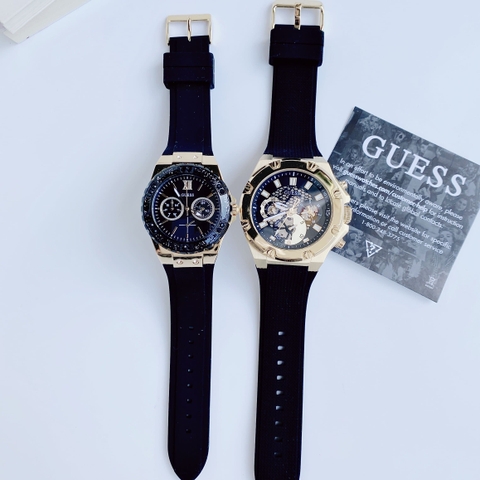 Guess Vàng Gold |Cặp Đôi |Mặt Tròn |Dây Sillicone Đen |Size 46x36mm