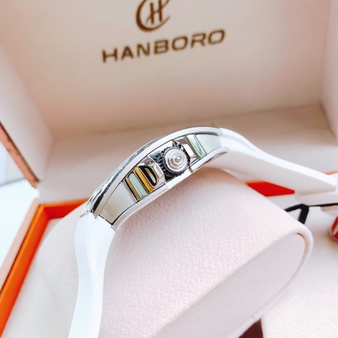 Hanboro Cánh Tiên |Nữ Giới |Mặt Đính Đá |Dây Cao Su Trắng |Máy Pin (Quartz) |Size 32x45mm