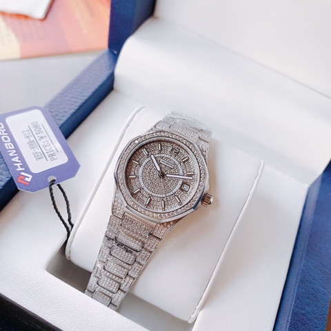 Hanboro Full Đá Swarovski |Cặp Đôi |Trắng Silver |Dây Kim Loại |Đính Full Hạt Đá |Nữ 34mm |Nam 42mm
