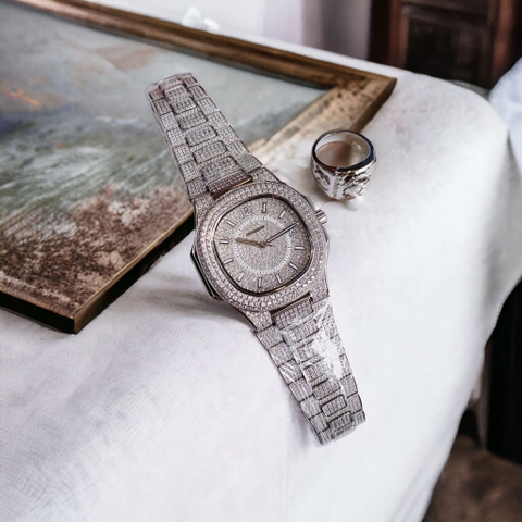 Hanboro Full Đá Swarovski |Nam Giới |Dây Kim Loại |Trắng Silver |Máy Tự Động |Size 42mm