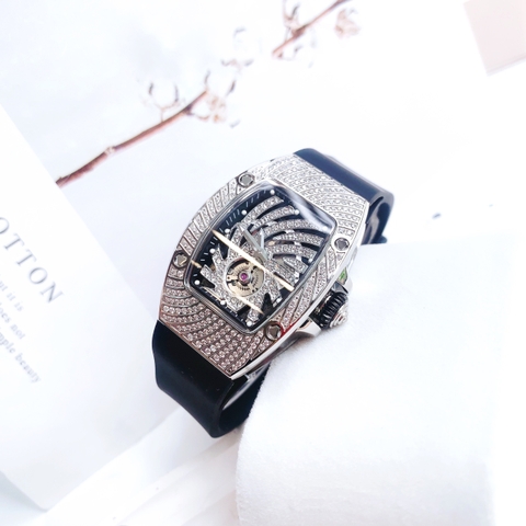 Hanboro Lốc Xoáy |Nữ Giới |Full Đá |Trắng Silver |Dây Cao Su |Máy Pin (Quartz) |Size 32x36mm