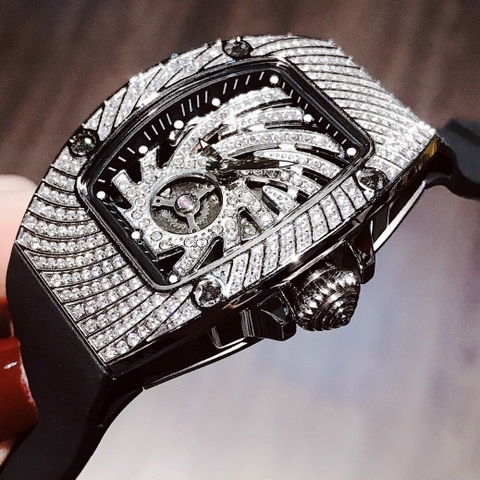 Hanboro Lốc Xoáy |Nữ Giới |Full Đá |Trắng Silver |Dây Cao Su |Máy Pin (Quartz) |Size 32x36mm