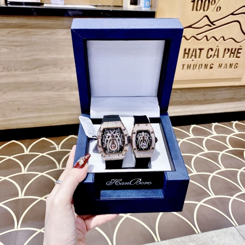 Hanboro Mặt Nhện |Cặp Đôi |Đính Đá |Rose Gold |Dây Cao Su |Nữ 32x36mm |Nam 40x50mm