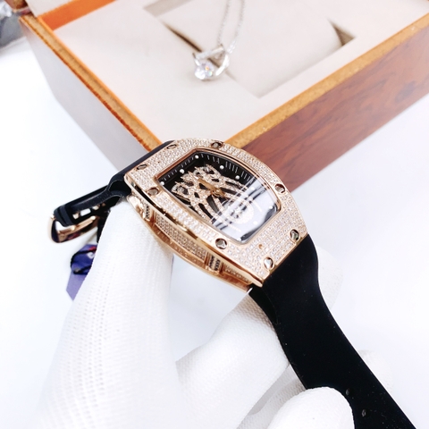 Hanboro Mặt Nhện |Nữ Giới |Full Đá Rose Gold |Dây Cao Su |Máy Pin (Quartz) |Size 32x45mm
