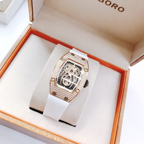 Hanboro Mặt Nhện |Nữ Giới |Rose Gold |Dây Cao Su Trắng |Máy Pin (Quartz) |Size 32x45mm