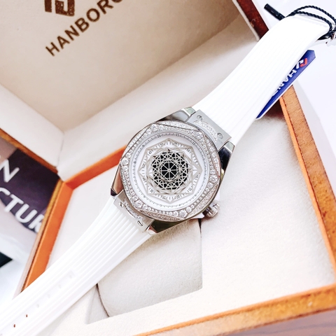Hanboro Mặt Vũ Trụ |Nữ Giới |Trắng Silver |Dây Cao Su Trắng |Máy Pin (Quartz) |Size 36mm