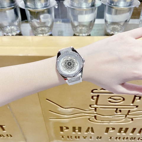 Hanboro Mặt Vũ Trụ |Nữ Giới |Trắng Silver |Dây Cao Su Trắng |Máy Pin (Quartz) |Size 36mm