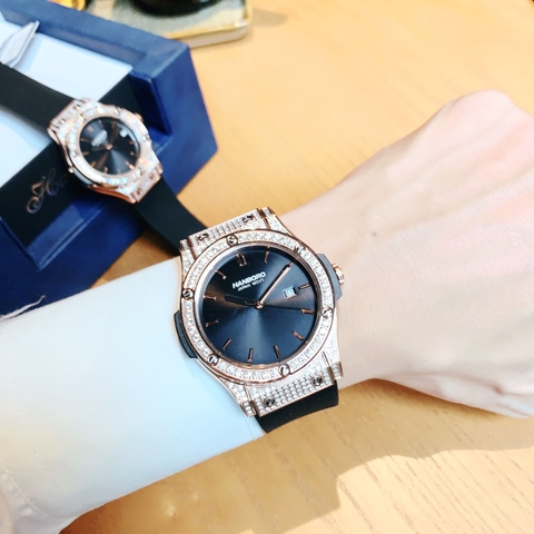 Hanboro Hublot |Cặp Đôi |Đính Đá |Rose Gold |Dây Sillicone |Máy Pin (Quartz) |Size 34-42mm