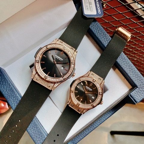 Hanboro Hublot |Cặp Đôi |Đính Đá |Rose Gold |Dây Sillicone |Máy Pin (Quartz) |Size 34-42mm