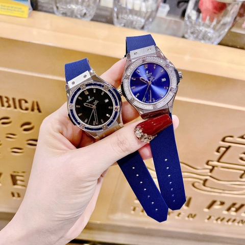 Hublot Geneve |Nữ Giới |Silver |Đính Đá |Dây Silicone Xanh |Máy Pin (Máy Quartz) |Size 34mm