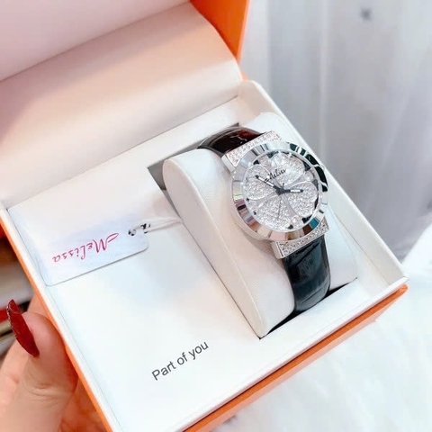 Melissa Cỏ 4 Lá |Nữ Giới |Đính Đá |Silver |Dây Da Đen |Máy Pin (Quartz) |Size 32mm