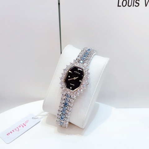 Melissa Mặt Chữ Nhật Đen |Nữ Giới |Silver |Lắc Tay Đính Đá Xanh |Máy Pin (Quartz) |Size 28mm