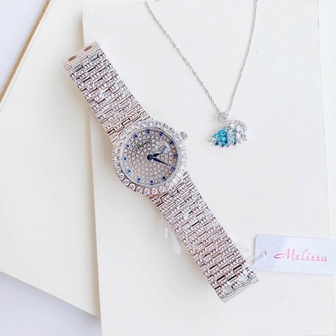 Melissa Mặt Tròn |Nữ Giới |Đính Đá Xanh |Dây Kim Loại Silver |Máy Pin (Quartz) |Size 32mm