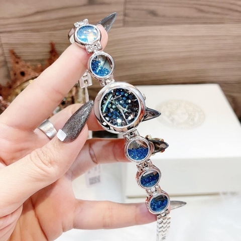Melissa Mặt Tròn |Nữ Giới |Silver |Lắc Tay Đính Đá Rơi Xanh Dương |Máy Pin (Quartz) |Size 28mm