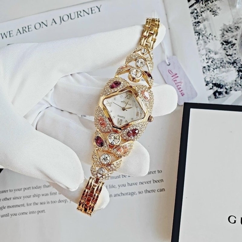 Melissa Mặt Vuông |Nữ Giới |Đính Đá Nhiều Màu |Lắc Tay Vàng Gold |Máy Pin (Quartz) |Size 38mm