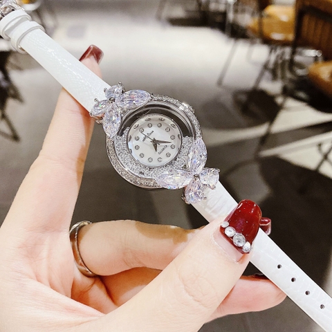 Melissa Hình Bướm |Nữ Giới |Pha Lê |Trắng Silver |Dây Da Trắng |Máy Pin (Quartz) |Size Vừa Tay 30mm