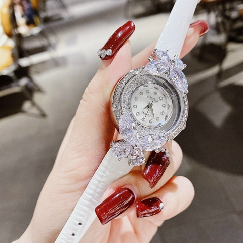 Melissa Hình Bướm |Nữ Giới |Pha Lê |Trắng Silver |Dây Da Trắng |Máy Pin (Quartz) |Size Vừa Tay 30mm