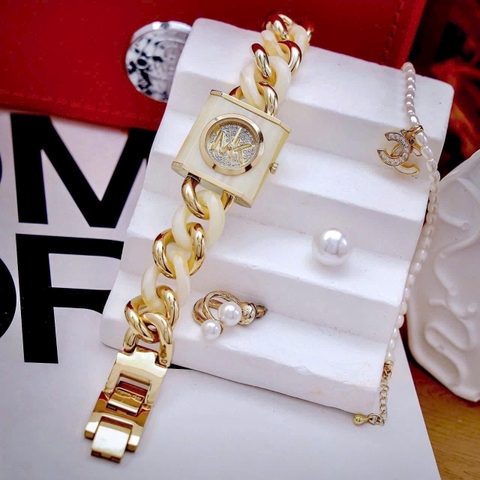 Michael Kors Chain Lock |Nữ Giới |Mặt Vuông |Dây Mắt Xích Mix Acetate Trắng |Máy Pin (Quartz) |Size 25mm