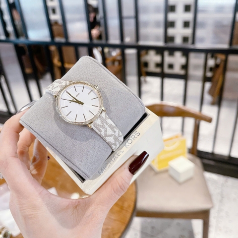 Micheal Kors Pyper |Nữ Giới |Vàng Gold |Dây Da Trắng Họa Tiết Logo |Máy Pin (Quartz) |Size 32mm