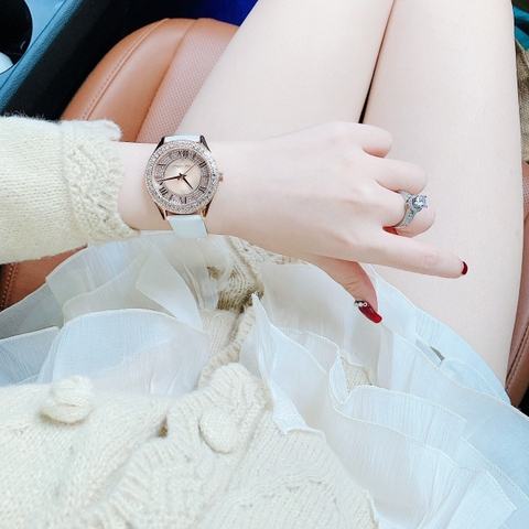 Michael Kors Harlowe |Nữ Giới |Đính Đá |Rose Gold |Dây Da Trắng |Máy Pin |Size Lớn 38mm
