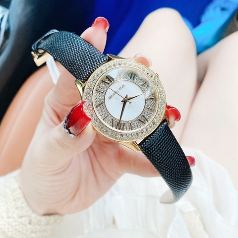 Michael Kors Harlowe |Nữ Giới |Đính Full Đá |Vàng Gold |Dây Da Đen |Máy Pin |Size Lớn 38mm