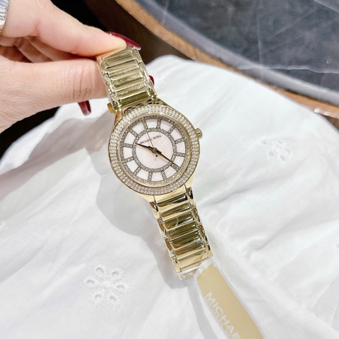 Micheal Kors Kerry |Nữ Giới |Mặt Khảm Trai Hồng |Dây Kim Loại Vàng Gold |Máy Pin (Quartz) |Size 36mm