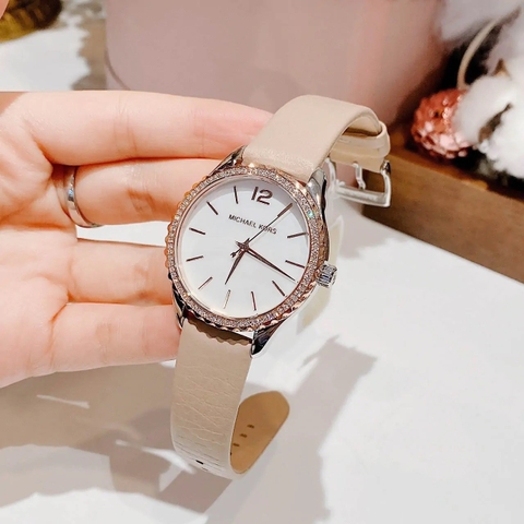 Michael Kors Layton |Nữ Giới |Đính Đá |Vàng Hồng |Dây Da Màu Nude |Máy Pin (Quartz) |Size 38mm