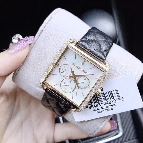 Michael Kors Mặt Vuông Đính Đá |Nữ Giới |Chronograph |Dây Da Đen |Máy Pin (Quartz) |Size 32x32mm