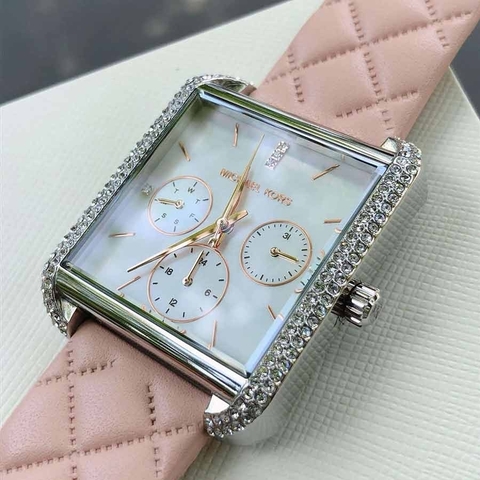 Michael Kors Mặt Vuông Đính Đá |Nữ Giới |Chronograph |Dây Da Hồng |Máy Pin (Quartz) |Size 32x32mm