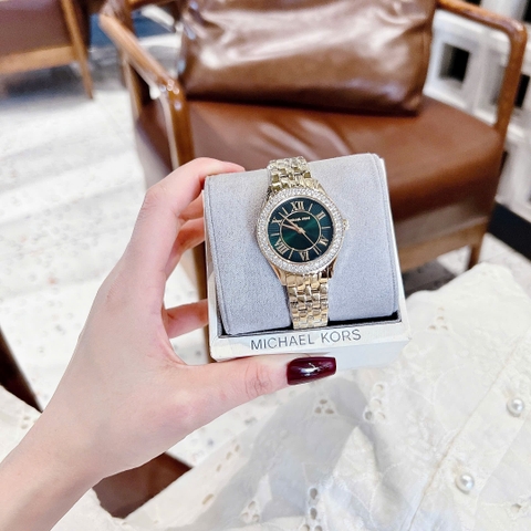 Micheal Kors Mini Harlowe |Nữ Giới |Mặt Xanh Lá |Dây Kim Loại Vàng Gold |Máy Pin (Quartz) |Size 33mm