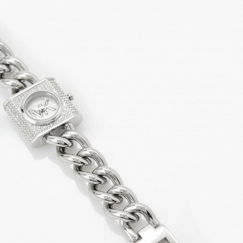 Michael Kors Mini Lock |Nữ Giới |Trắng Bạc |Mặt Vuông MK |Dây Mắt Xích |Máy Pin |Size Nhỏ 25mm