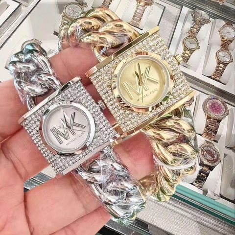 Michael Kors Mini Lock |Nữ Giới |Trắng Bạc |Mặt Vuông MK |Dây Mắt Xích |Máy Pin |Size Nhỏ 25mm