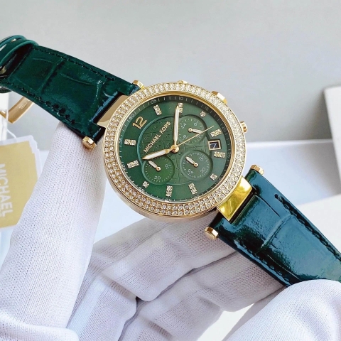 Micheal Kors Parker 6 Kim |Nữ Giới |Đính Đá |Dây Da Xanh Lá |Máy Pin (Quartz) |Size 39mm