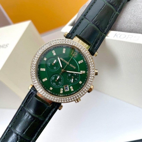 Micheal Kors Parker 6 Kim |Nữ Giới |Đính Đá |Dây Da Xanh Lá |Máy Pin (Quartz) |Size 39mm