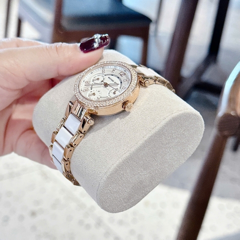 Micheal Kors Parker Mini |Nữ Giới |Rose Gold |Dây Kim Loại Mix Acetat Trắng |Máy Pin (Quartz) |Size 33mm