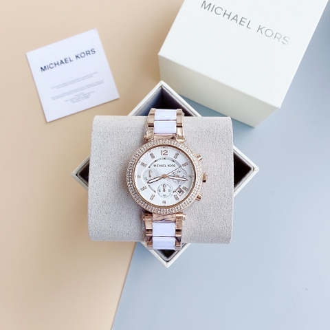 Michael Kors Parker |Nữ Giới |Rose Gold |Dây Kim Loại Mix Acetate Trắng |Máy Pin |Size Lớn 39mm