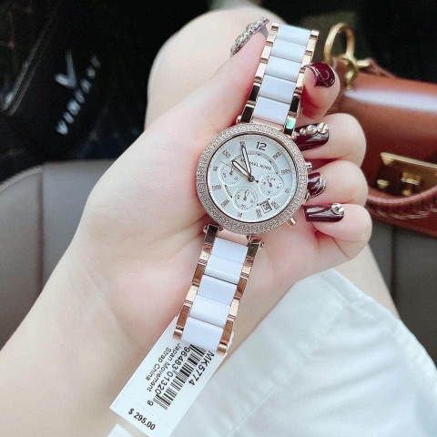 Michael Kors Parker |Nữ Giới |Rose Gold |Dây Kim Loại Mix Acetate Trắng |Máy Pin |Size Lớn 39mm