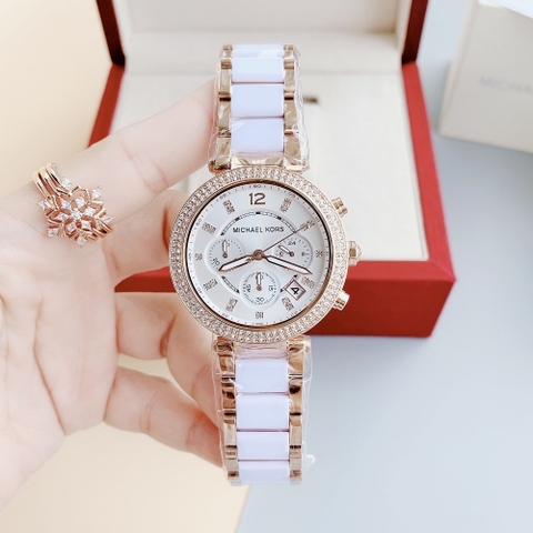 Michael Kors Parker |Nữ Giới |Rose Gold |Dây Kim Loại Mix Acetate Trắng |Máy Pin |Size Lớn 39mm