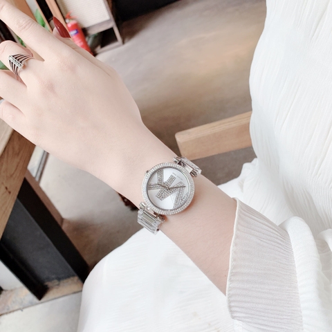 Michael Kors Parker |Nữ Giới |Trắng Silver |Đính Đá MK |Dây Kim Loại |Máy Pin |Size Lớn 39mm
