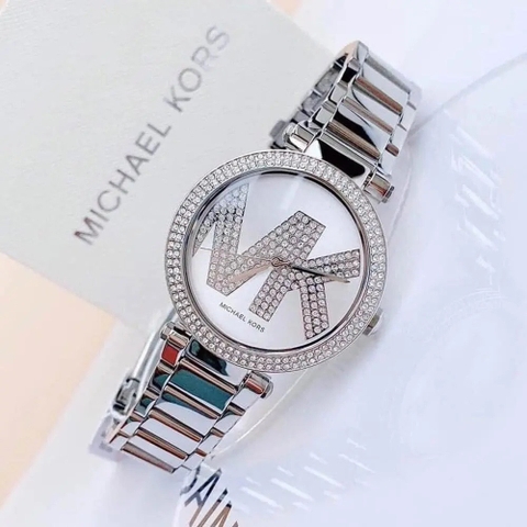 Michael Kors Parker |Nữ Giới |Trắng Silver |Đính Đá MK |Dây Kim Loại |Máy Pin |Size Lớn 39mm