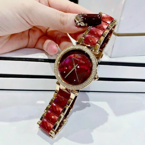 Michael Kors Parker |Nữ Giới |Vàng Gold |Dây Kim Loại Mix Acetate Đỏ |Máy Pin |Size Lớn 39mm