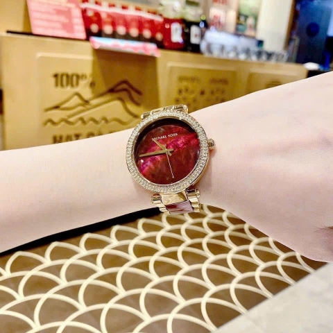 Michael Kors Parker |Nữ Giới |Vàng Gold |Dây Kim Loại Mix Acetate Đỏ |Máy Pin |Size Lớn 39mm