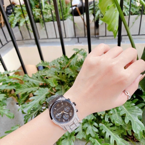 Michael Kors Runway Pave |Unisex |Đính Đá |Dây Kim Loại Đen |Máy Pin (Quartz) |Size Lớn 38mm