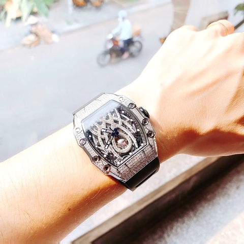 Hanboro Mặt Nhện |Nam Giới |Mặt Oval Đính Full Đá Silver |Máy Cơ (Automatic) |Size 40x50mm