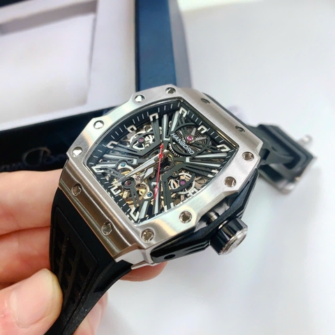 Hanboro Mặt Oval X |Silver |Nam Giới |Dây Cao Su |Máy Hở Tim (Automatic) |Size 43x50mm