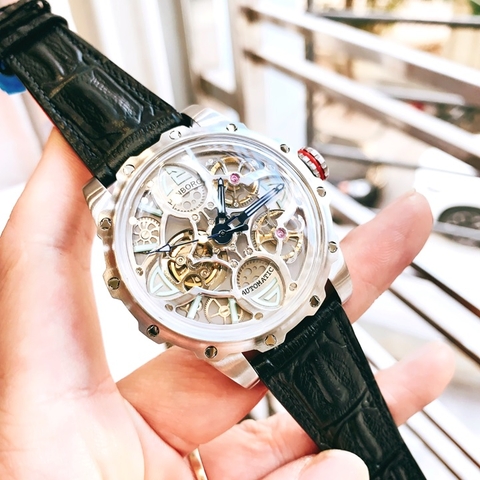 Hanboro Mặt Cỏ 4 Lá |Nam Giới |Dây Da |Trắng Silver |Máy Lộ Cơ (Automatic) |Size 43mm