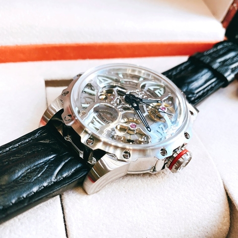 Hanboro Mặt Cỏ 4 Lá |Nam Giới |Dây Da |Trắng Silver |Máy Lộ Cơ (Automatic) |Size 43mm