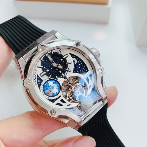 Hanboro Mặt Tourbillon |Silver |Nam Giới |Dây Cao Su |Máy Lộ Cơ (Automatic) |Size 42x52mm