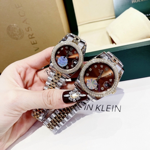 Rolex Đính Đá |Cặp Đôi |Mặt Nâu |Dây Kim Loại Demi Vàng Gold |Máy Cơ (Automatic) |Size 41x31mm